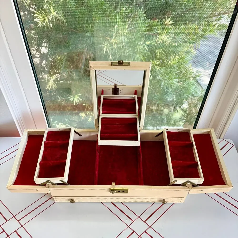 Large Vintage 1960s Cantilever Jewelry Box Red Velvet Mirror Ivory Vanity
